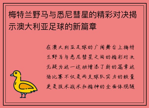 梅特兰野马与悉尼彗星的精彩对决揭示澳大利亚足球的新篇章