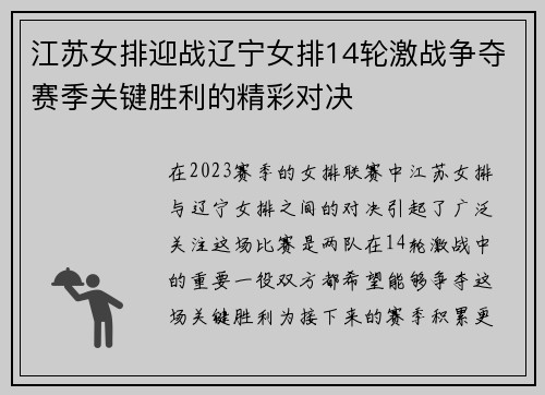 江苏女排迎战辽宁女排14轮激战争夺赛季关键胜利的精彩对决